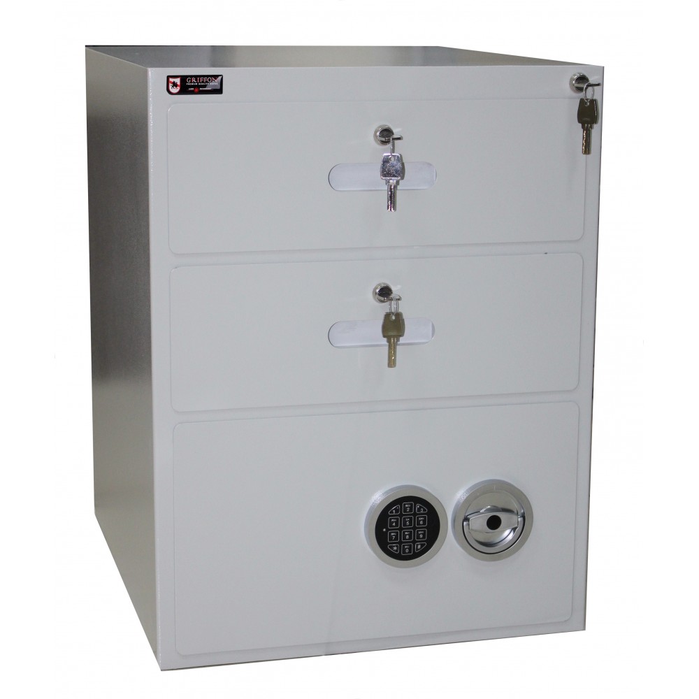 Product image - Deposit safe DK.65.K.E is for secure keeping and operation with cash.
Consists of 3 compartments:
1.	Tray for cash banknotes, 22 inner trays. 136x400x576 mm. EuroLocks key lock
2.	Tray with money-drop pocket. Pocket dimensions 38x176x100 mm. EuroLocks key lock
3.	Safe compartment with function to receive dropped money from upper tray. 286x496x550 mm. Two active bolts. M-Locks (Netherlands) VdS Class 2 EN 1300 e-lock